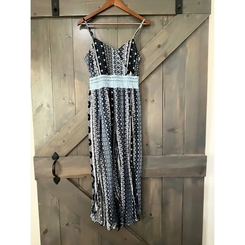 No Boundaries Blue Boho Geometric Print Jumpsuit Crochet Waist Large 11-13 Boho